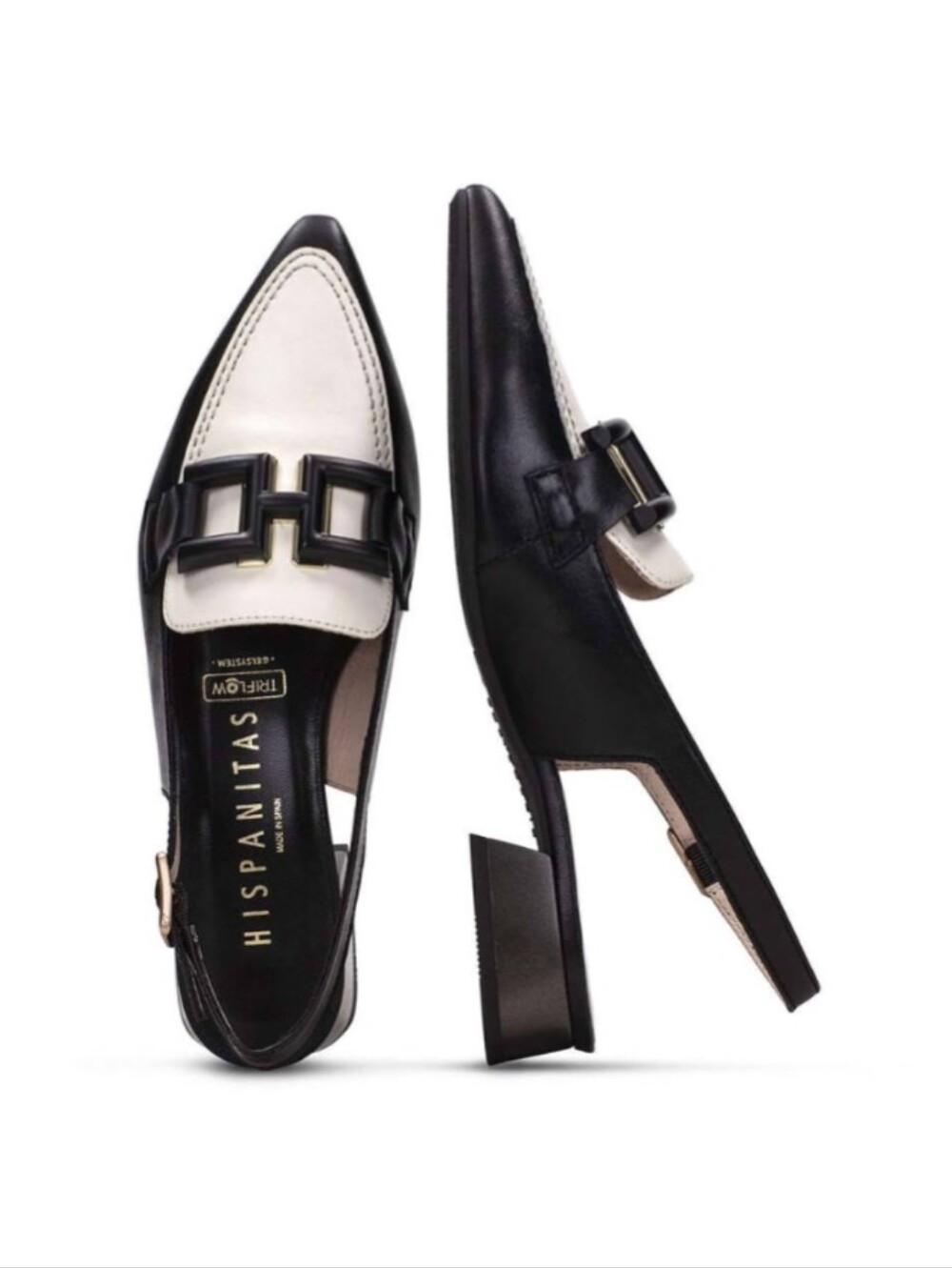 Black and Cream Pointed Toe Slingback Mules In Excellent Condition